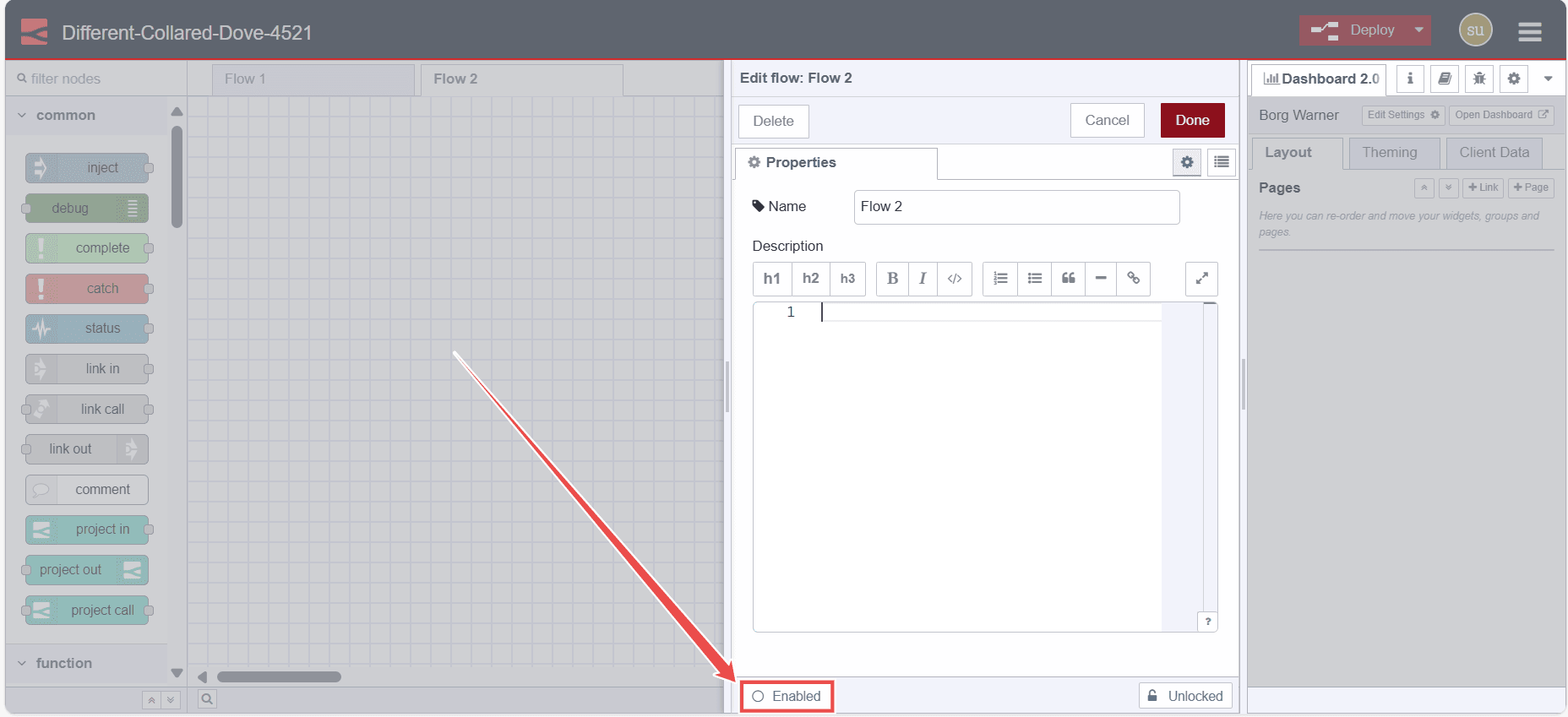 Image showing option to enable and disable flow in the edit dialog